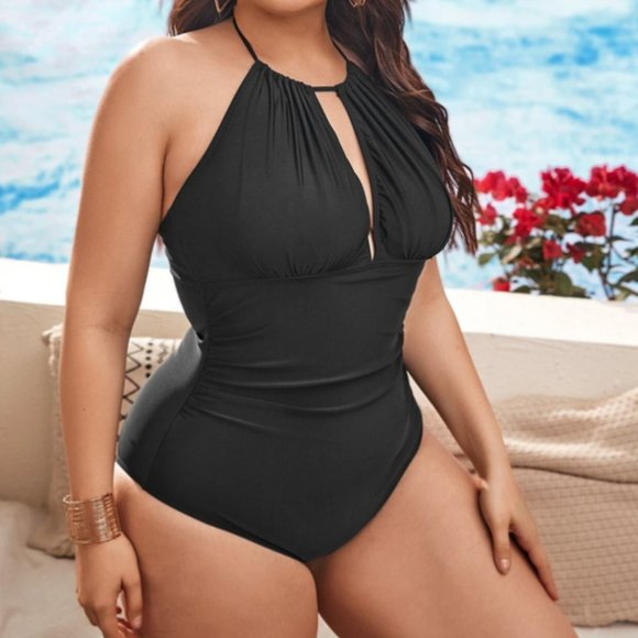 Plus Size 20 4XL Shein Ruched Cut-out One Piece Swimsuit Black Swim - Picture 3 of 4